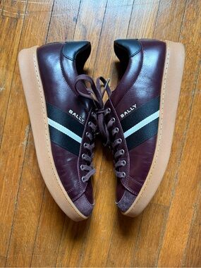 Bally Men's Burgundy and Black Leather Sneakers with Cream Stripe